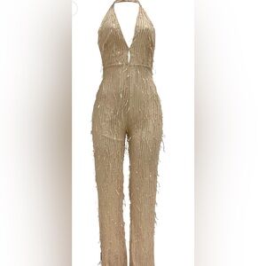 Halter-Neck Sequin Fringe Jumpsuit in Champagne